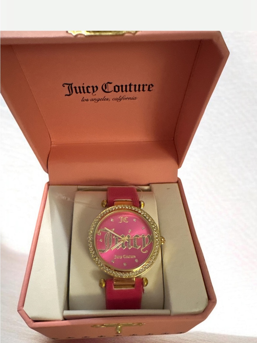 Juicy Couture Hot Pink and Gold Crystal-Trim Logo Watch